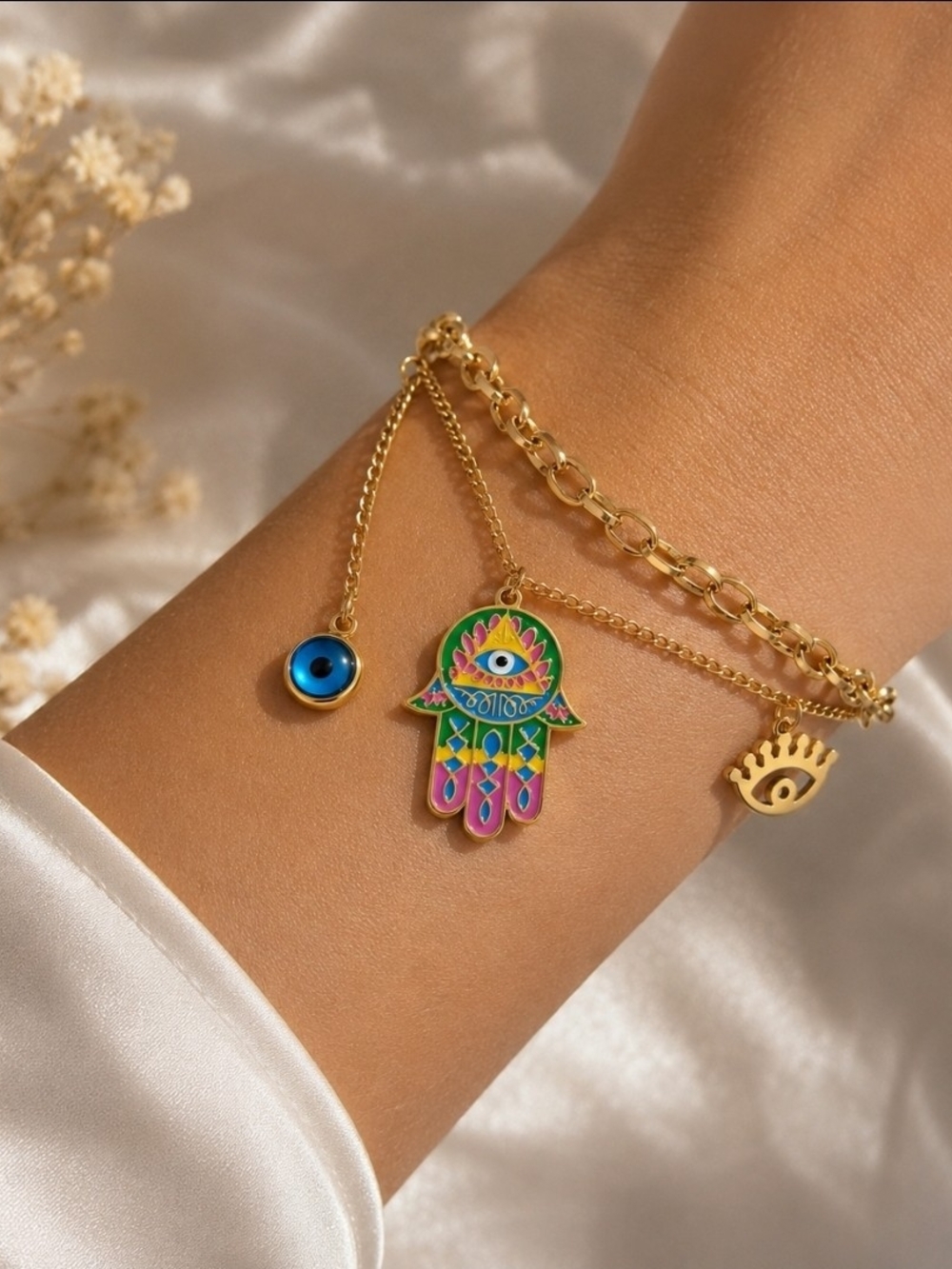 18k Gold Hamsa & Evil Eye Layered Bracelet